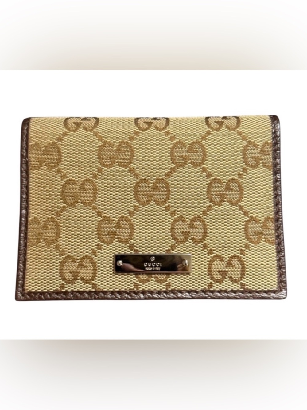 Gucci GG Canvas Card Case Wallet Brown Leather Metal Bar with Box